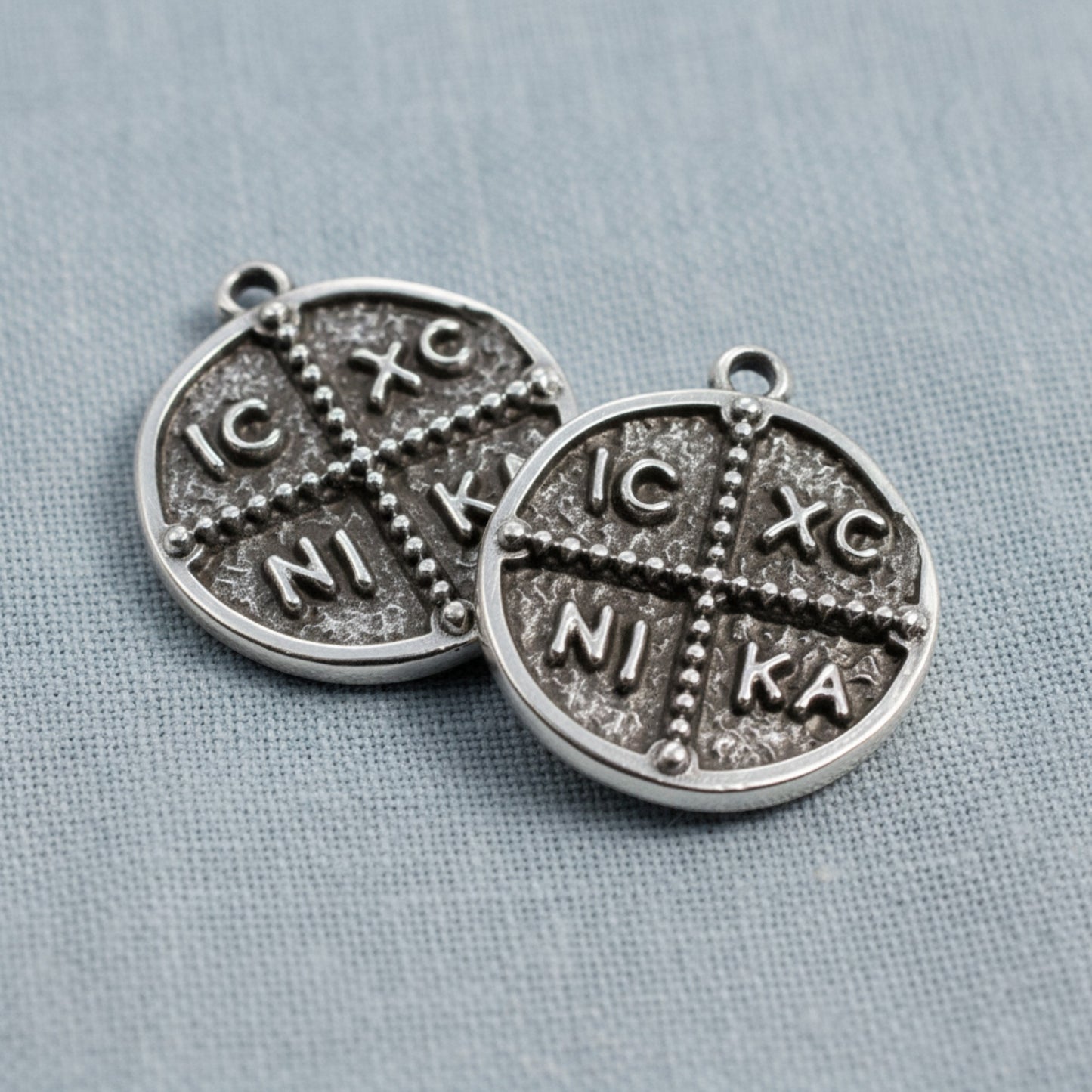 Hackberry Creek antique silver Byzantine cross pendant with IC XC NI KA inscription, 18mm coin style charm.