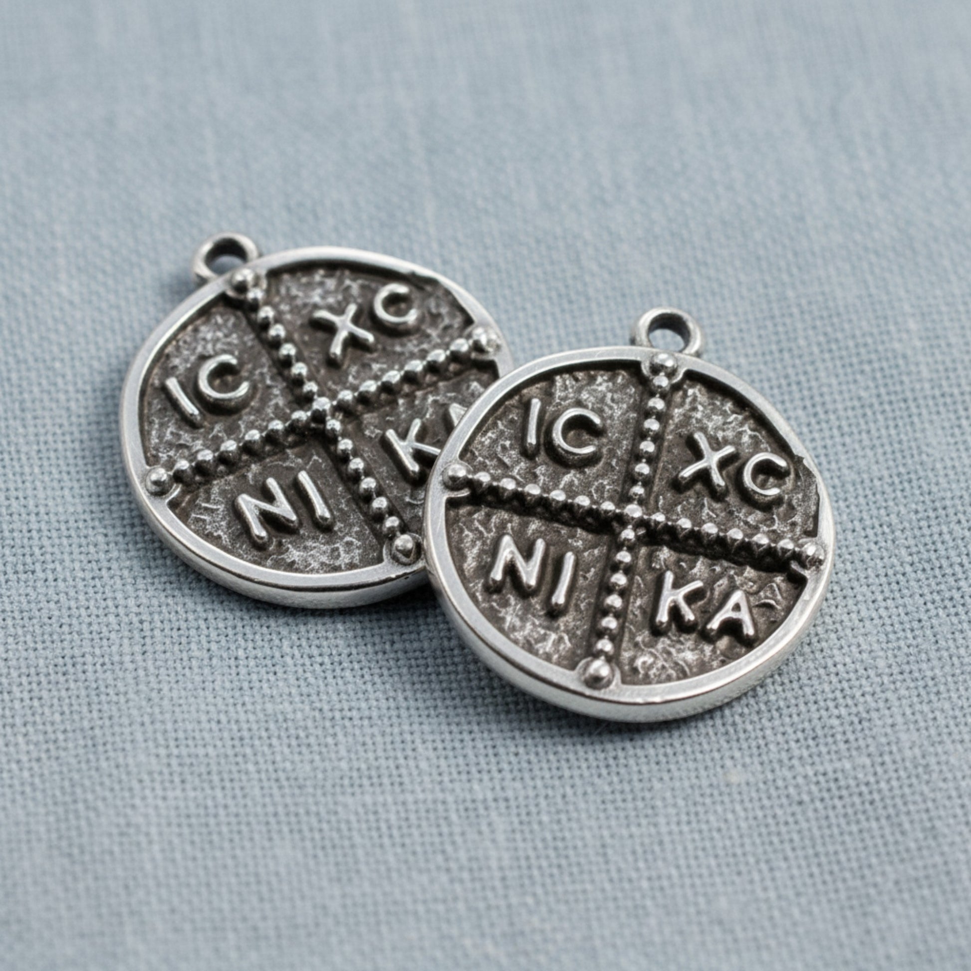 Hackberry Creek antique silver Byzantine cross pendant with IC XC NI KA inscription, 18mm coin style charm.