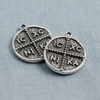 Hackberry Creek antique silver Byzantine cross pendant with IC XC NI KA inscription, 18mm coin style charm.
