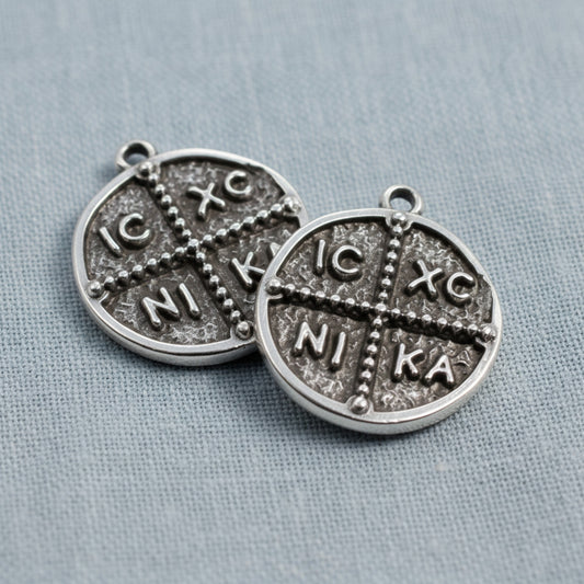 Hackberry Creek antique silver Byzantine cross pendant with IC XC NI KA inscription, 18mm coin style charm.