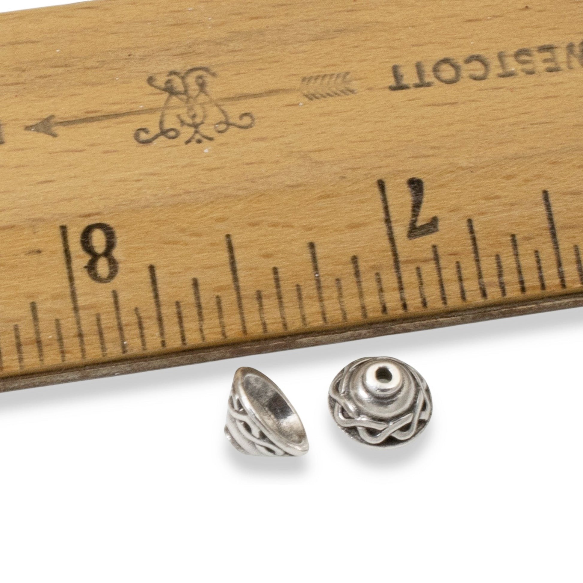 Hackberry Creek antique silver plated pewter Celtic braid motif bead caps, 4-pack. Detailed design.