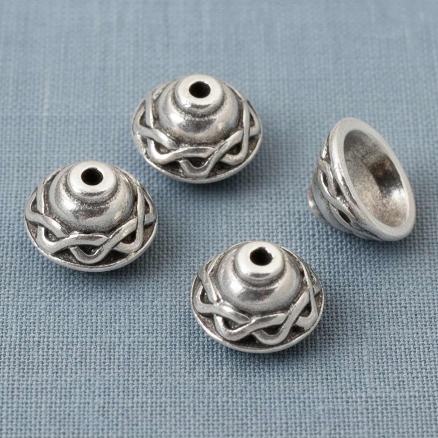 Hackberry Creek antique silver plated pewter Celtic braid motif bead caps, 4-pack, 8.3mm x 5.3mm, for jewelry making.