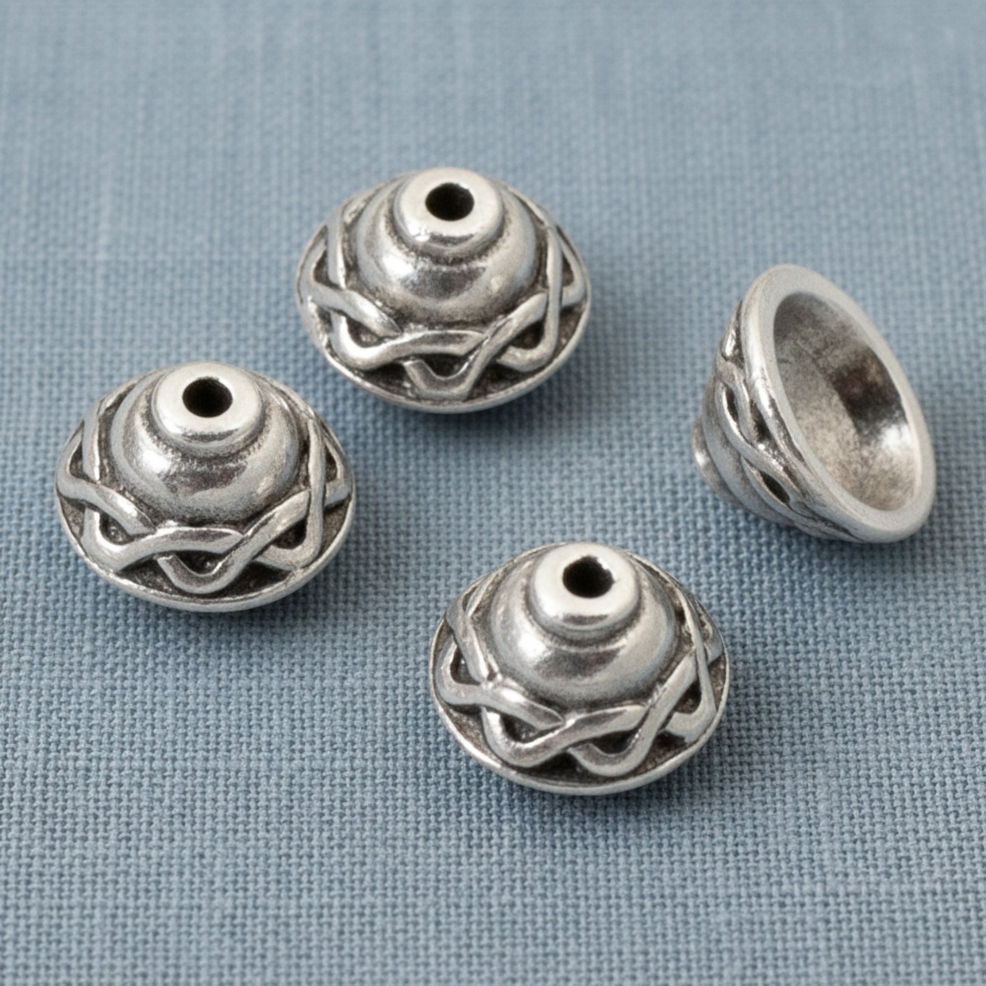 Hackberry Creek antique silver plated pewter Celtic braid motif bead caps, 4-pack, 8.3mm x 5.3mm, for jewelry making.