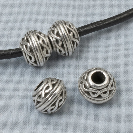 Hackberry Creek antique silver Celtic rope pattern beads with 3mm large holes for leather cord jewelry making.