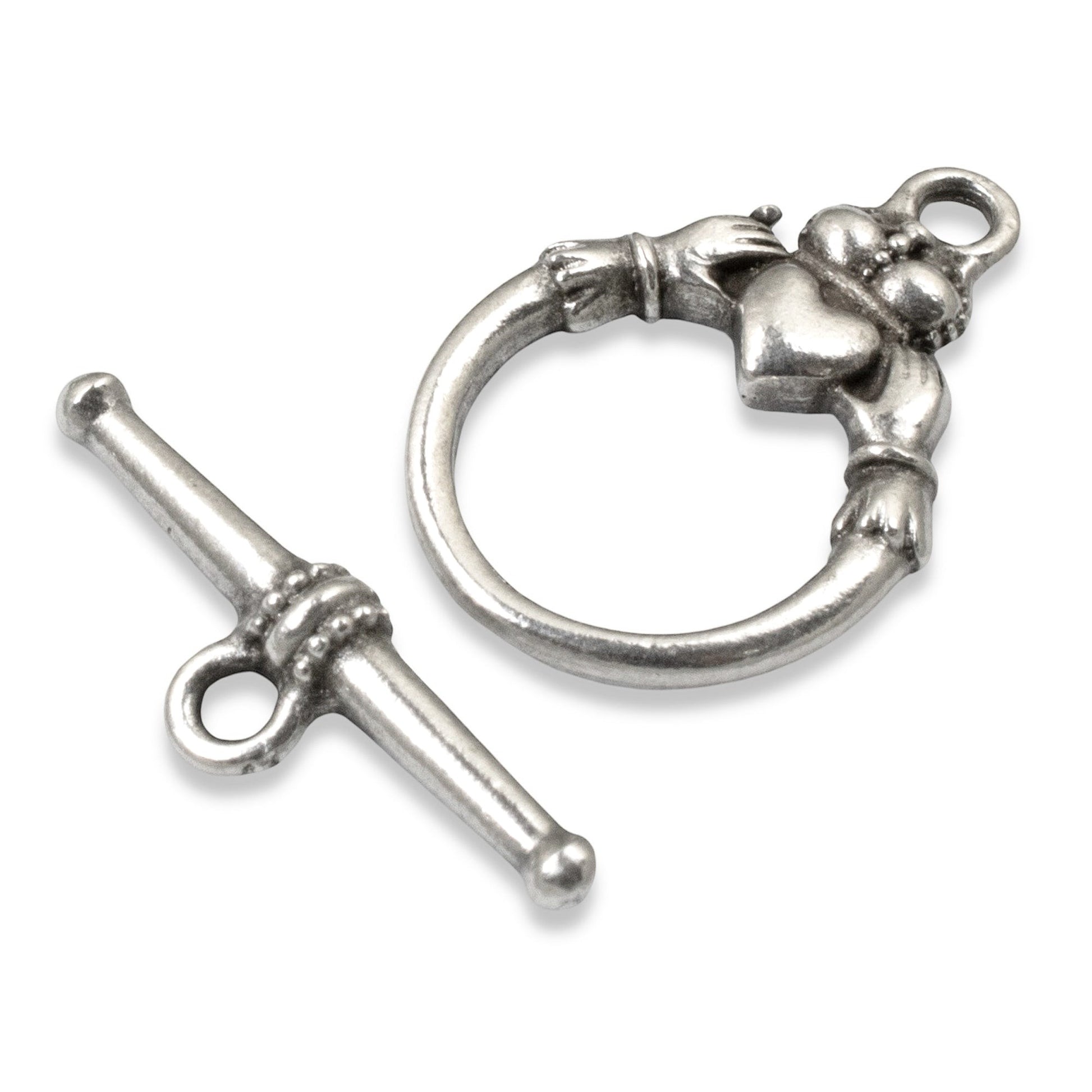 Hackberry Creek antique silver Claddagh toggle clasp set for jewelry making. Features pewter with silver plating and intricate Claddagh design.