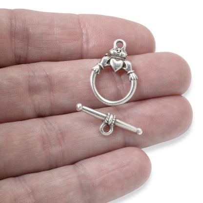 Hackberry Creek antique silver Claddagh toggle clasp set for jewelry making. Pewter with fine silver plating.
