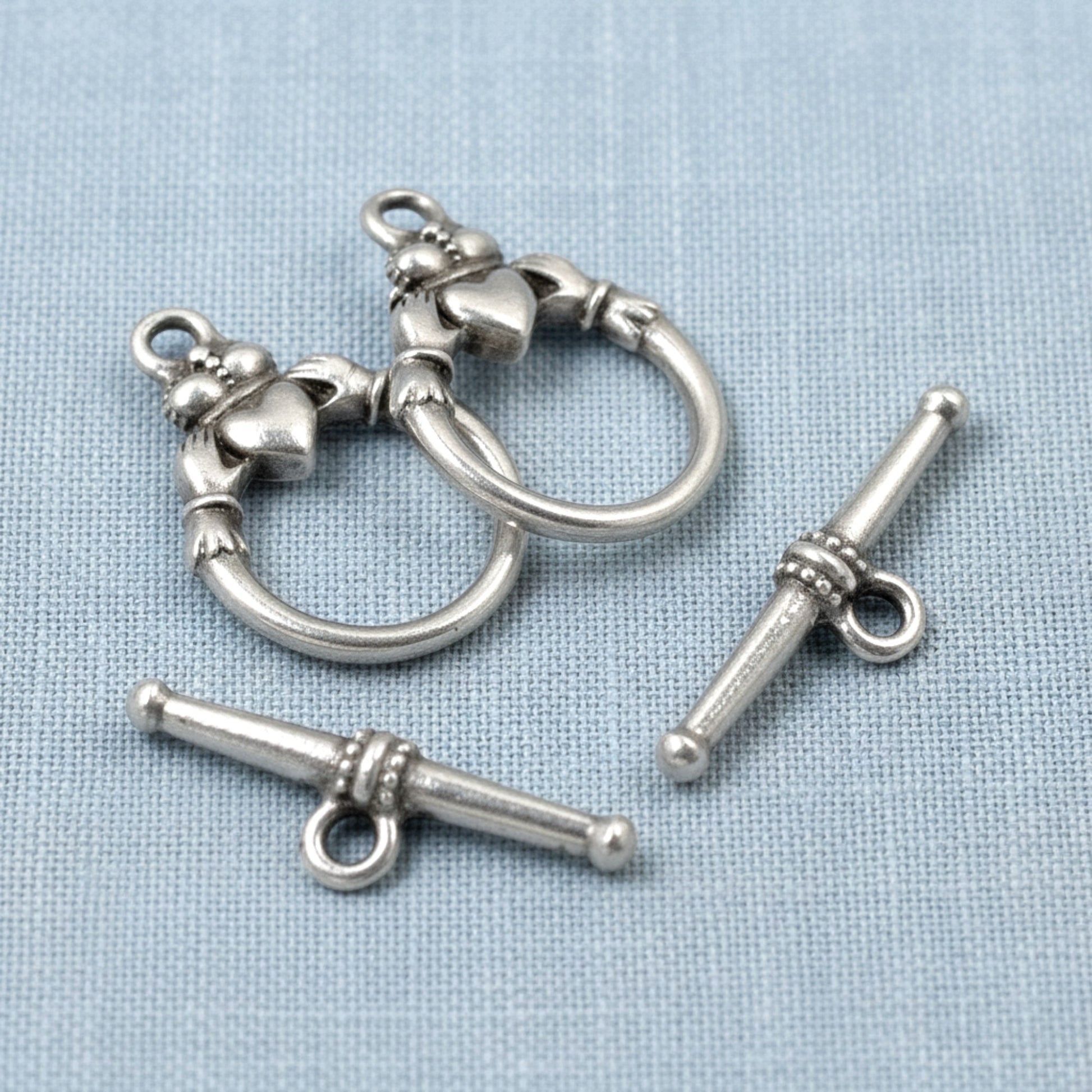 Hackberry Creek antique silver Claddagh toggle clasp sets for jewelry making. Pewter with fine silver plating.