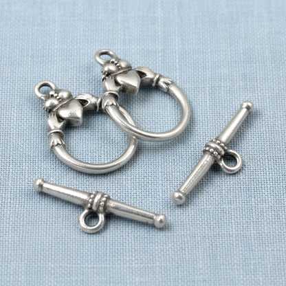 Hackberry Creek antique silver Claddagh toggle clasp sets for jewelry making. Pewter with fine silver plating.