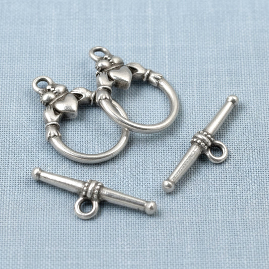 Hackberry Creek antique silver Claddagh toggle clasp sets for jewelry making. Pewter with fine silver plating.