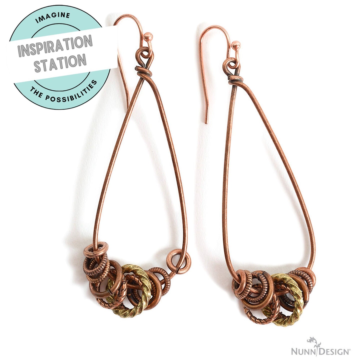 Hackberry Creek large copper teardrop earring frames with brass and copper ring accents for DIY jewelry making.