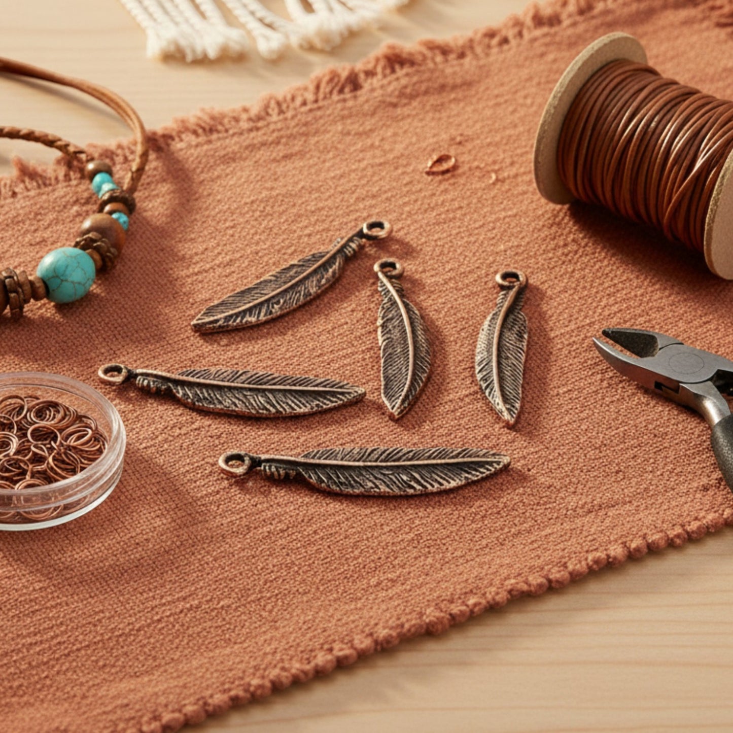 Hackberry Creek antique copper pewter feather charms, 33mm, detailed texture, for boho spiritual nature jewelry.