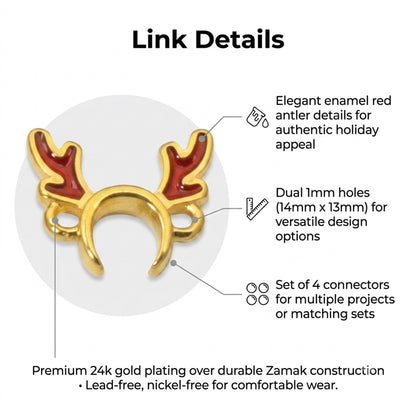 Hackberry Creek 24k gold plated reindeer antler jewelry connector with red enamel details and dual attachment holes
