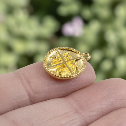 Hackberry Creek gold Byzantine cross pendant with IC XC NI KA inscription and beaded border, 15mm coin talisman charm.
