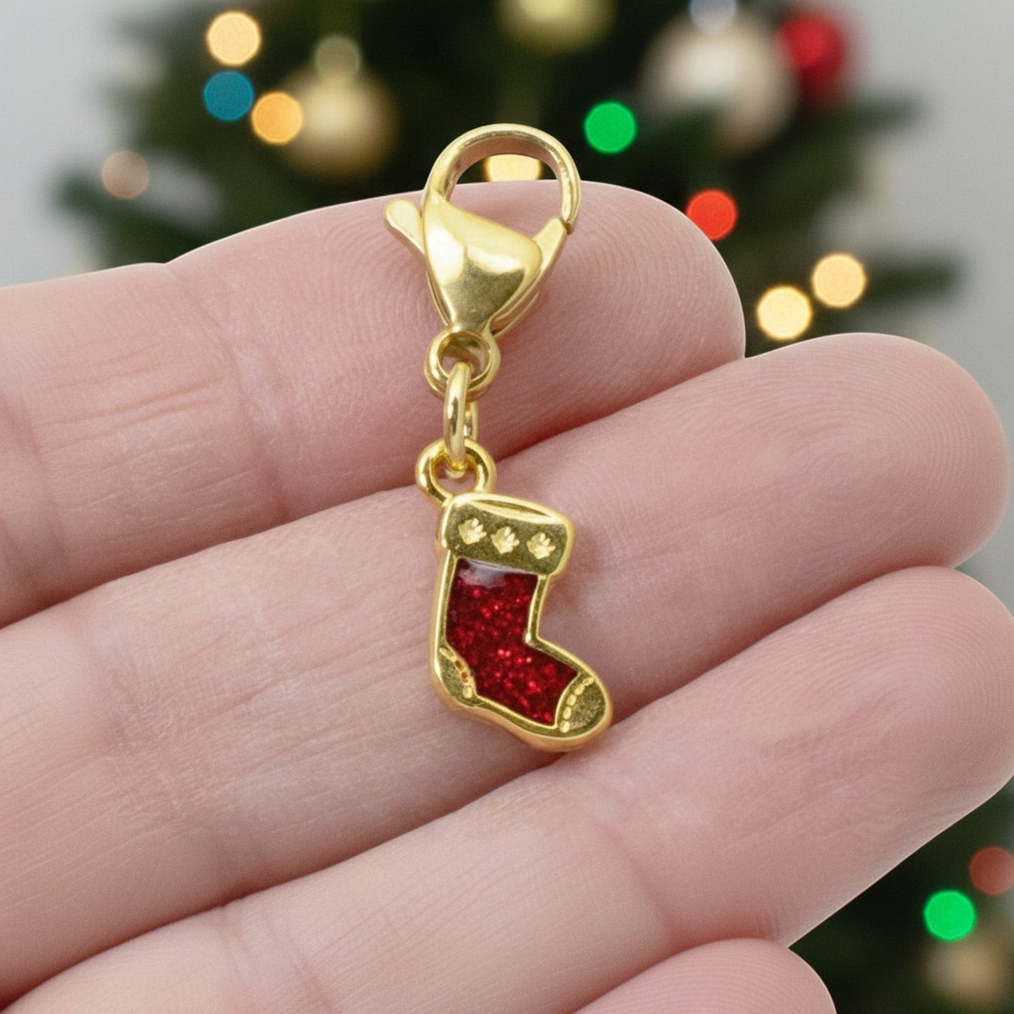 Hackberry Creek gold-plated Christmas stocking charm with red glitter enamel and a secure lobster clasp