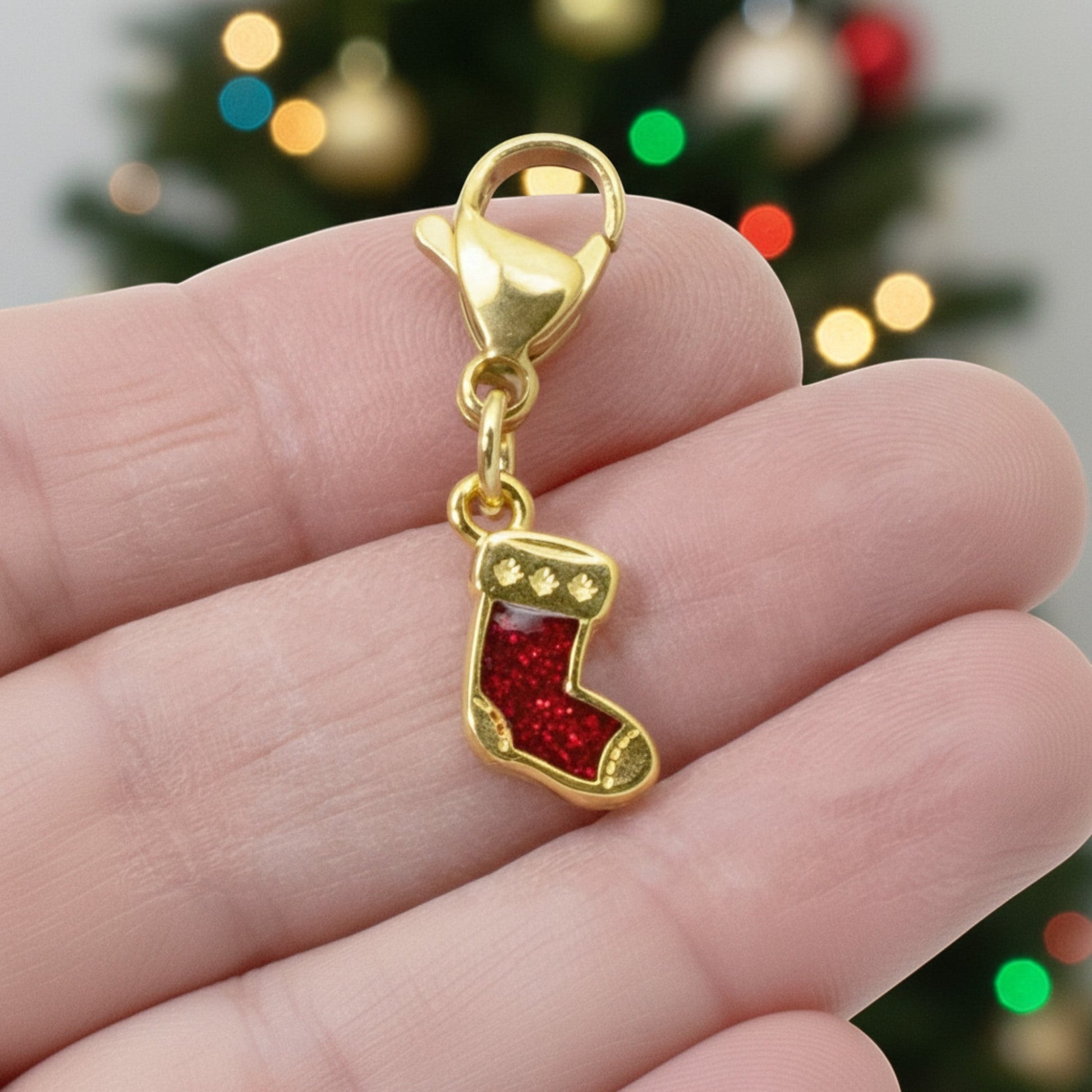 Hackberry Creek gold-plated Christmas stocking charm with red glitter enamel and a secure lobster clasp