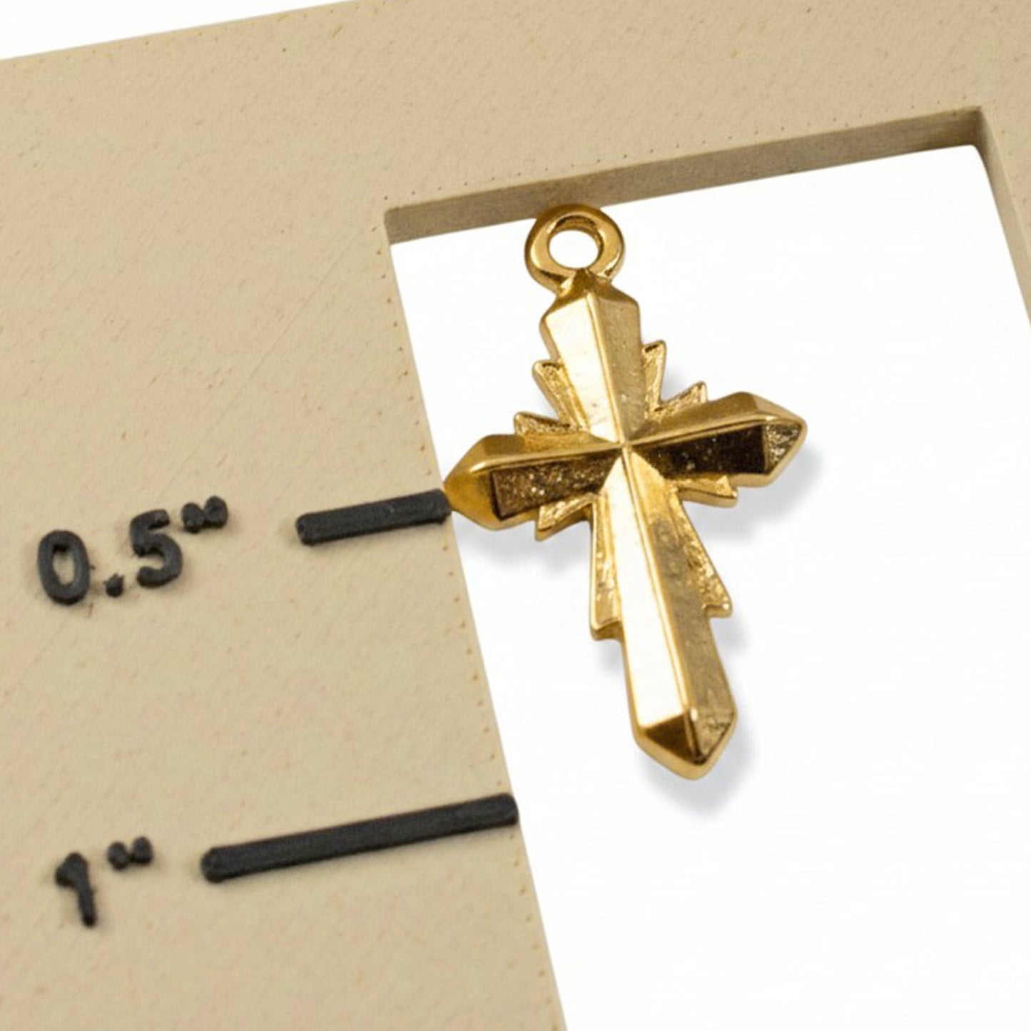 Hackberry Creek gold plated geometric cross pendant with faceted surface, 15x25mm, nickel-free.