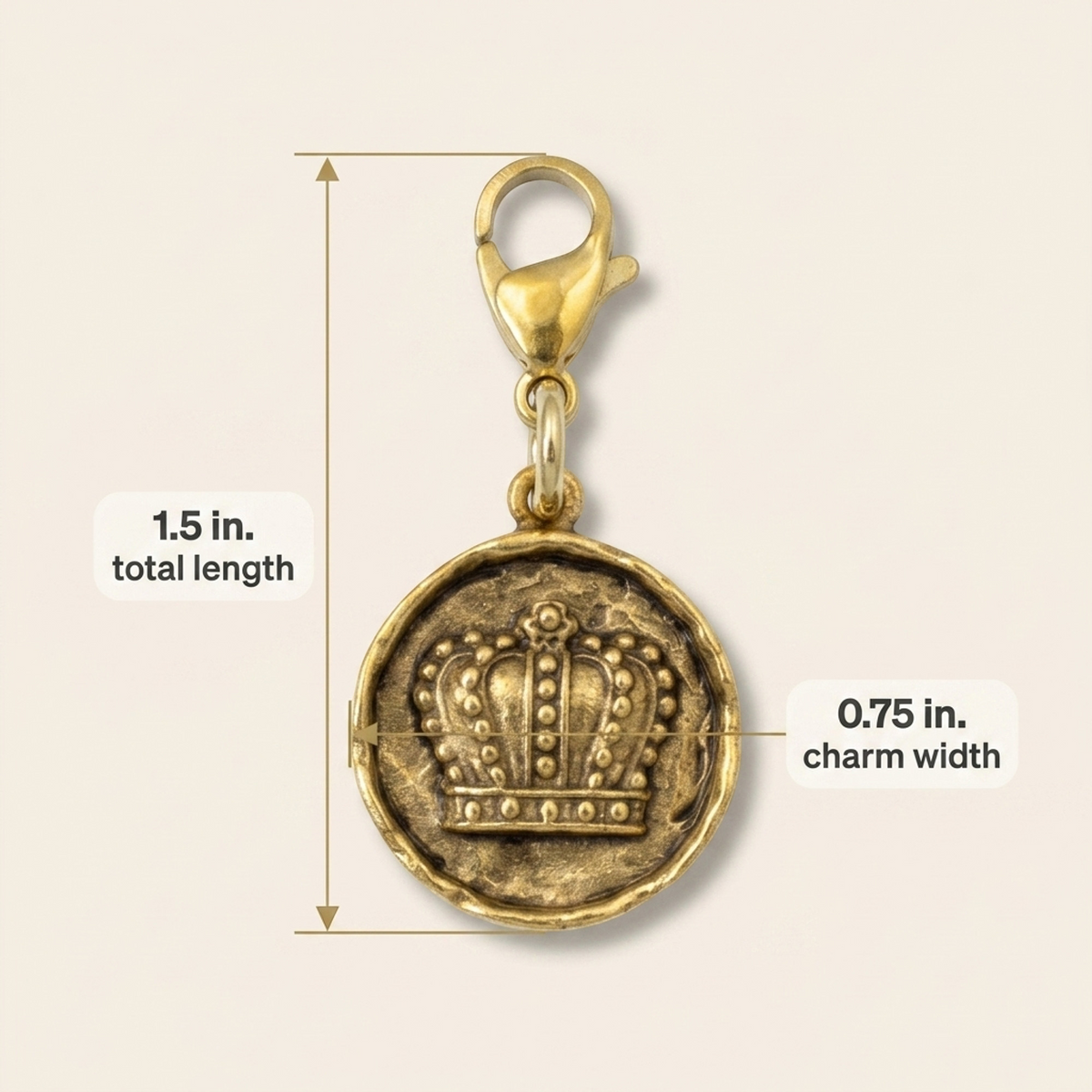 Hackberry Creek antique gold crown charm with lobster clasp, featuring a 1.5-inch total length and regal design.