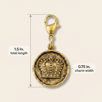 Hackberry Creek antique gold crown charm with lobster clasp, featuring a 1.5-inch total length and regal design.
