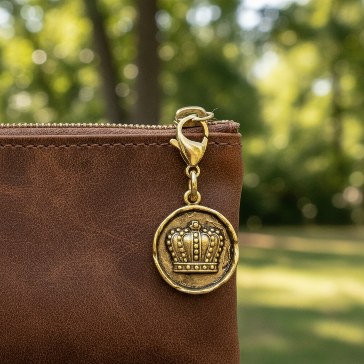 Hackberry Creek antique gold crown charm with lobster clasp attached to a brown leather bag in a garden setting