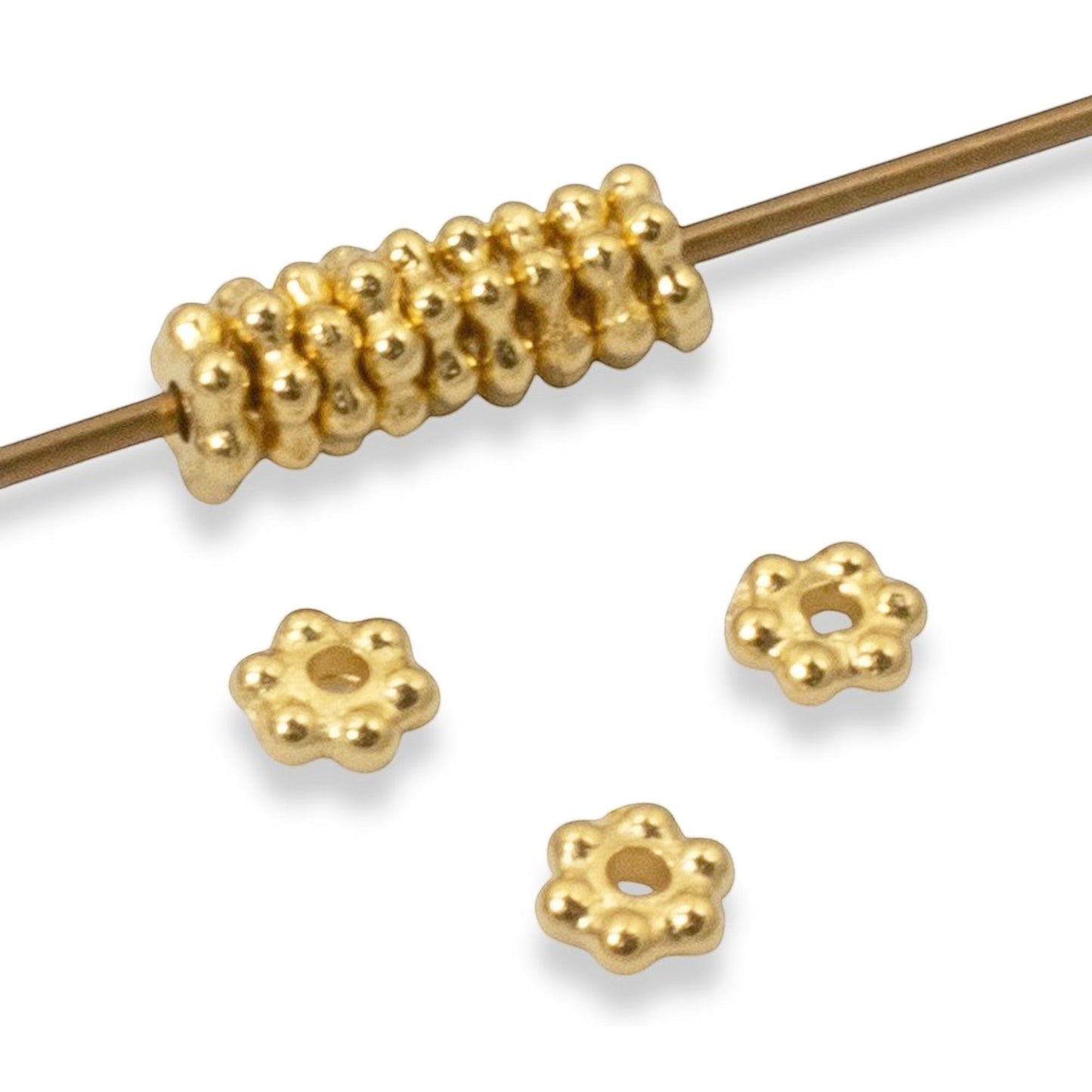 Hackberry Creek 24K gold plated pewter daisy spacer beads, 3mm, bulk pack of 500. TierraCast design.