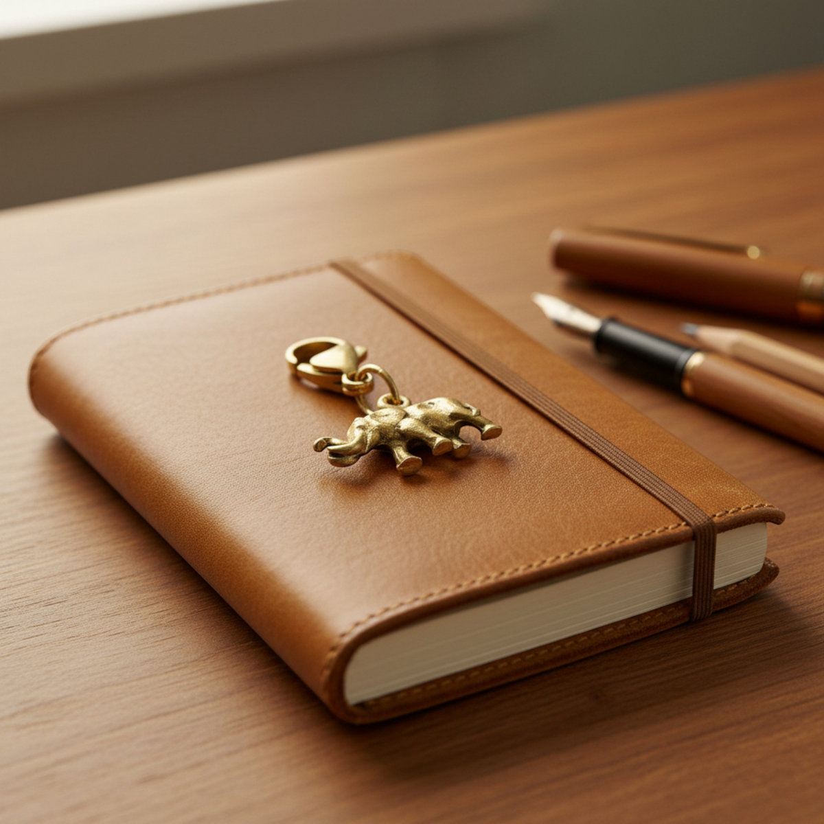 Hackberry Creek 24K gold plated pewter elephant charm with lobster clasp resting on a brown leather notebook