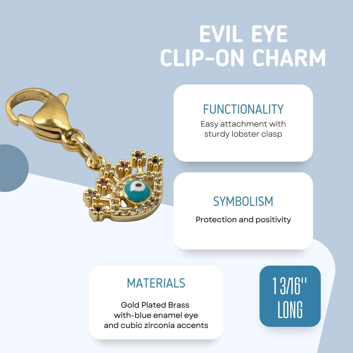 Hackberry Creek gold evil eye charm with blue enamel, cubic zirconia accents, and a lobster clasp for jewelry.
