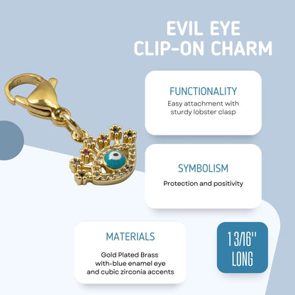 Hackberry Creek gold evil eye charm with blue enamel, cubic zirconia accents, and a lobster clasp for jewelry.