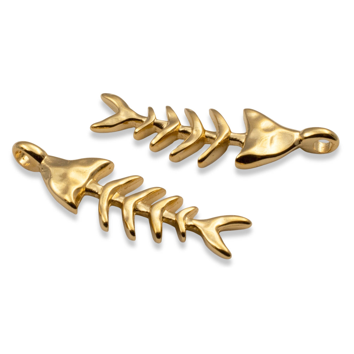 Hackberry Creek 24k gold-plated fishbone skeleton pendants with textured details for coastal jewelry making.