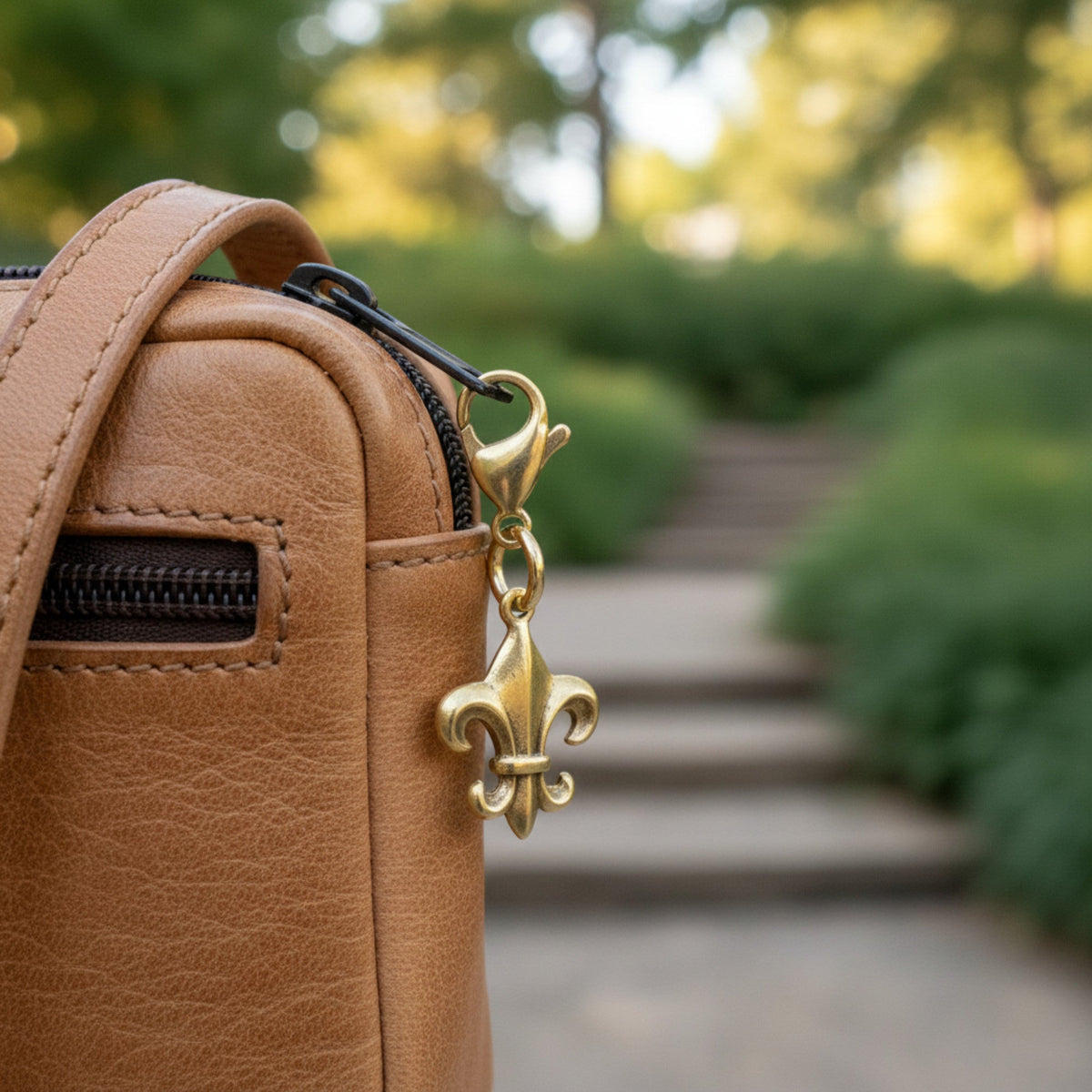 Hackberry Creek 24k gold-plated Fleur de Lis charm attached to a tan leather handbag zipper pull in a garden setting.