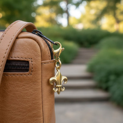 Hackberry Creek 24k gold-plated Fleur de Lis charm attached to a tan leather handbag zipper pull in a garden setting.
