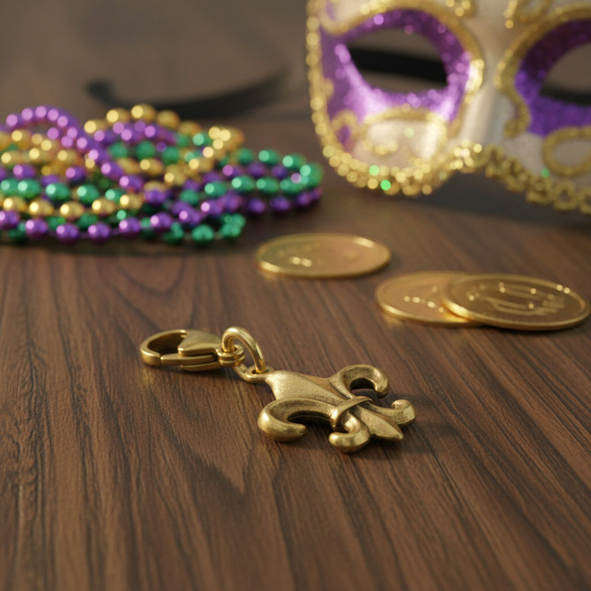 Hackberry Creek 24k gold-plated Fleur de Lis charm on a wooden surface with Mardi Gras beads and a masquerade mask.