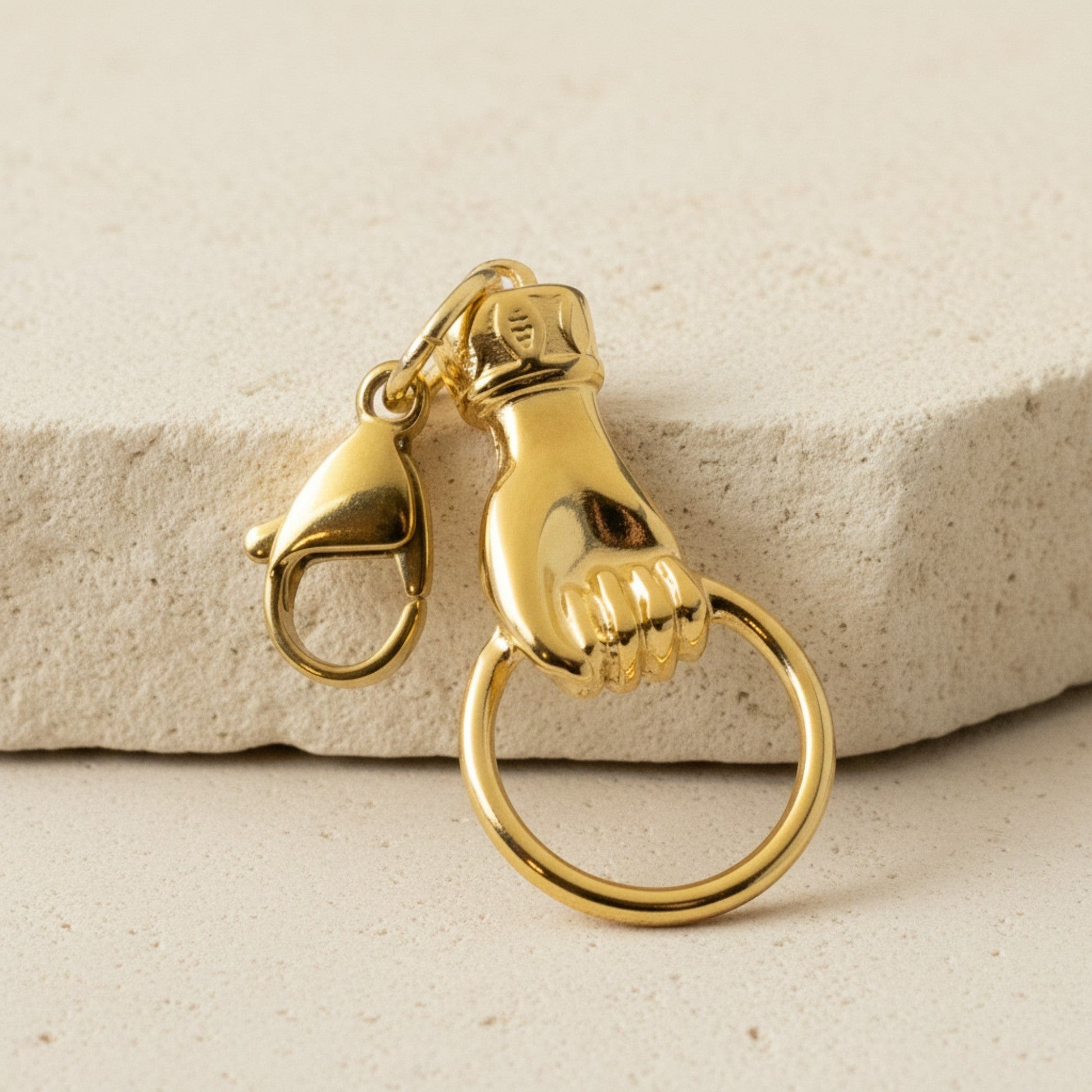 Hackberry Creek 24K gold plated hand charm with ring clip-on holder. Boho necklace accessory.