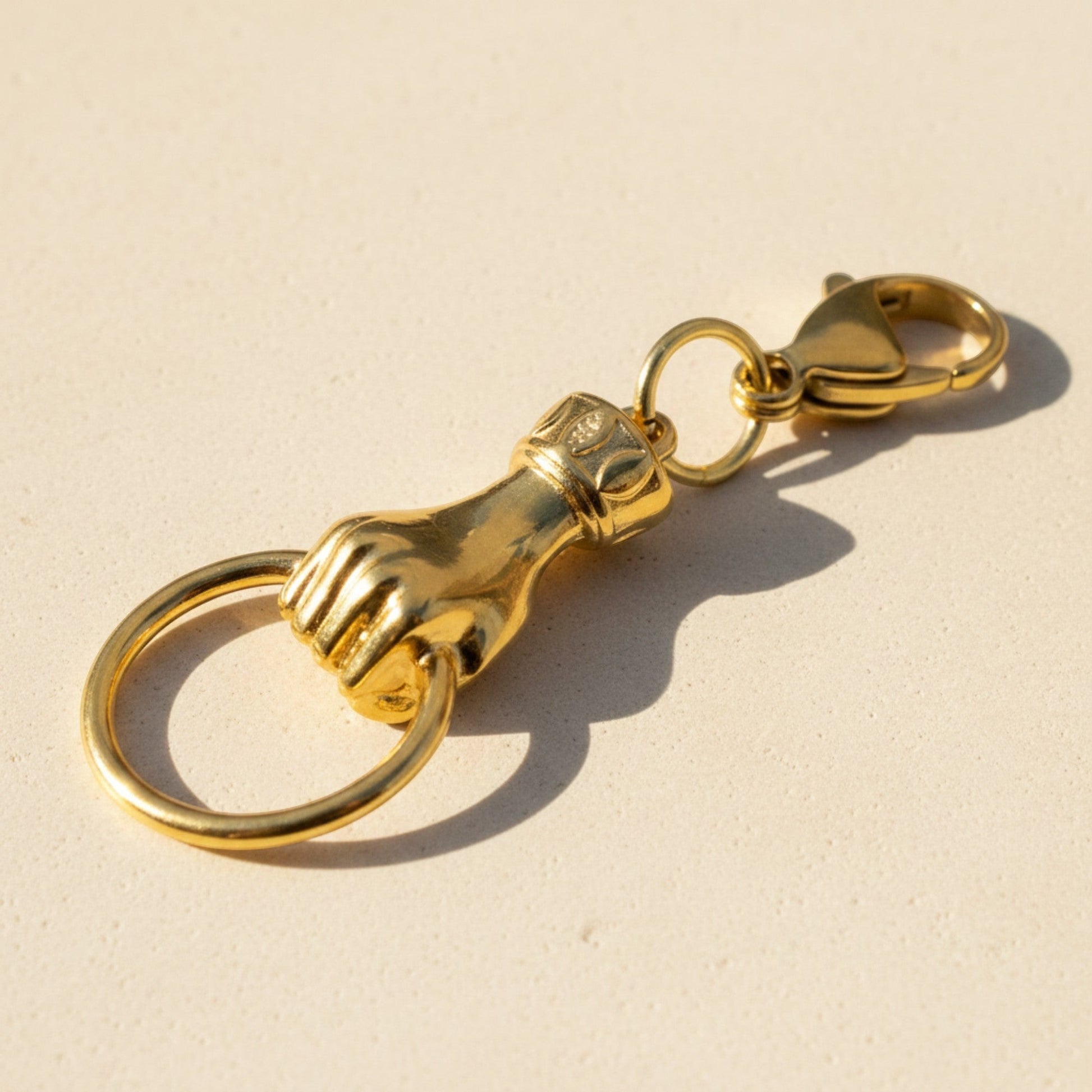 Hackberry Creek 24K gold plated hand charm with ring clip-on holder, boho necklace accent.