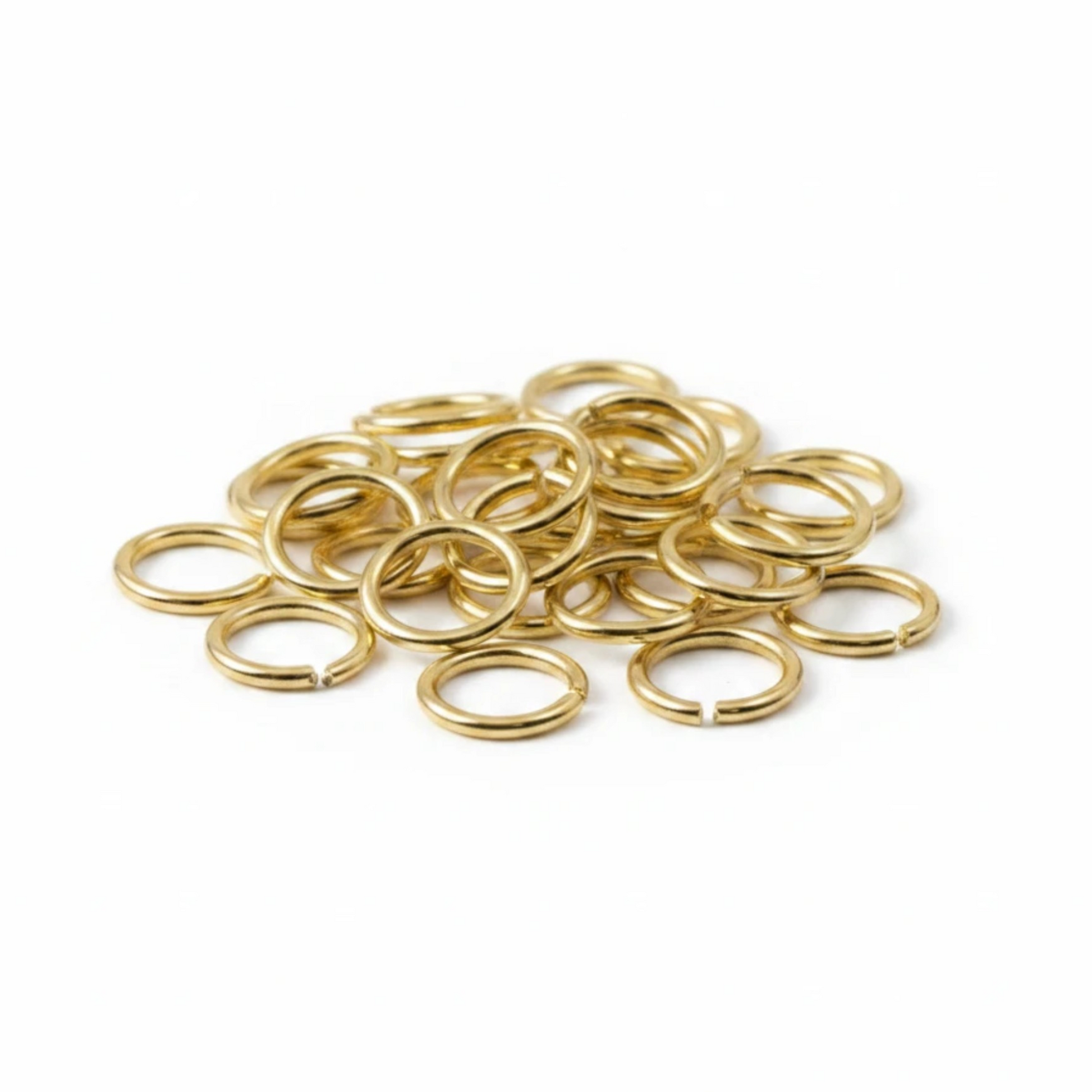 Hackberry Creek 10mm bright gold jump rings made of 15 gauge 304 stainless steel for jewelry making.