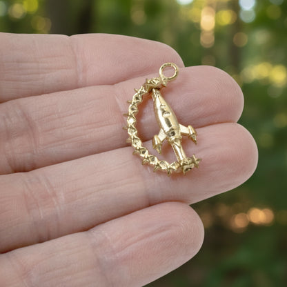 Hackberry Creek gold alloy spinning rocket charm with star details held in a hand against a blurred green background.