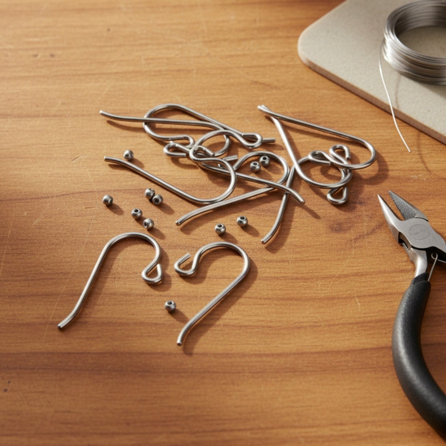 Hackberry Creek hypoallergenic gray niobium ear wires with small loops on a wooden workbench with jewelry pliers.