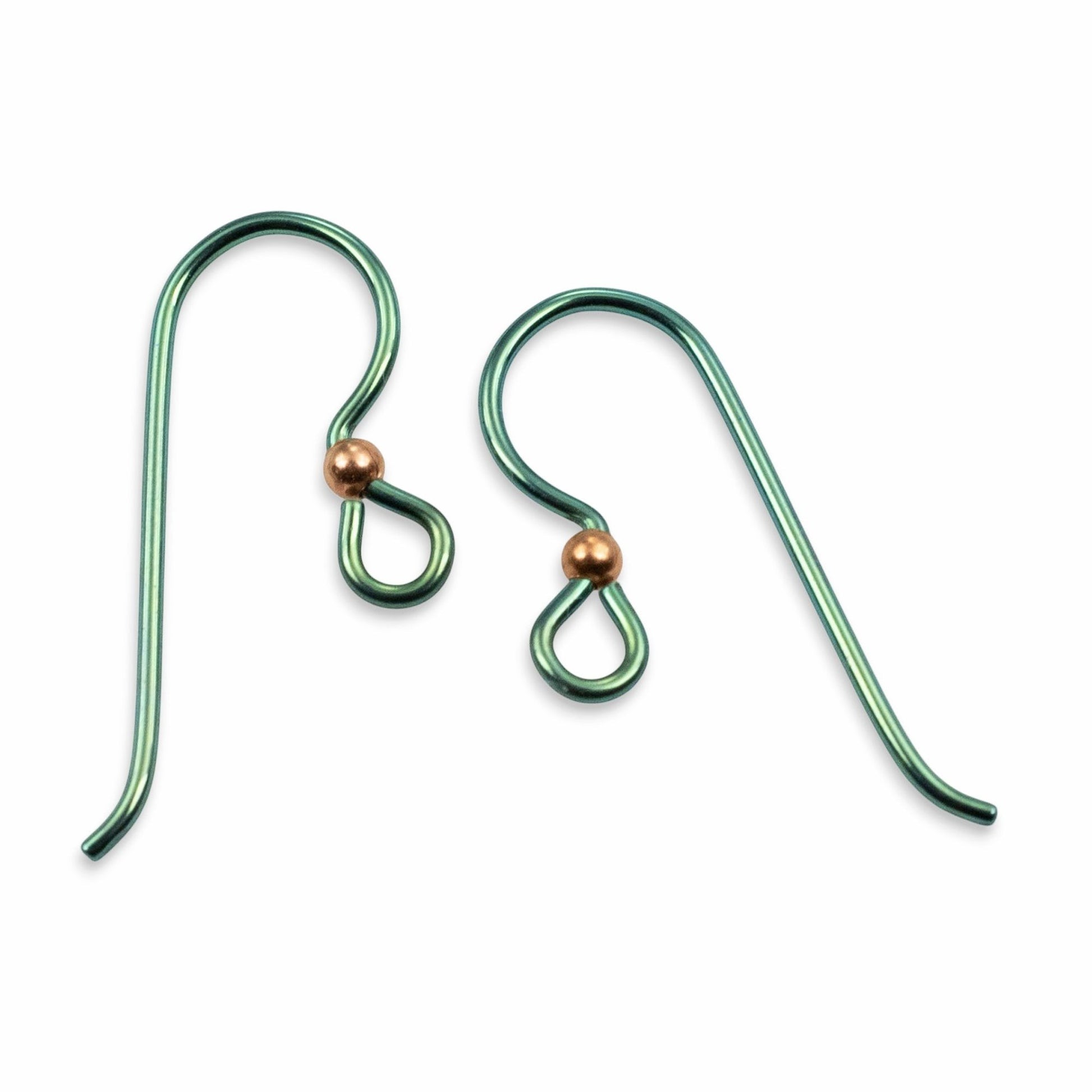Hackberry Creek bright emerald green niobium ear wires with copper accent bead, hypoallergenic and nickel-free.