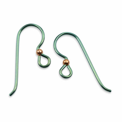 Hackberry Creek bright emerald green niobium ear wires with copper accent bead, hypoallergenic and nickel-free.