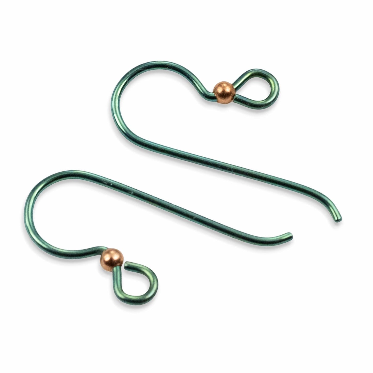 Hackberry Creek bright emerald green niobium ear wires with copper accent bead, hypoallergenic and nickel-free for sensitive ears.