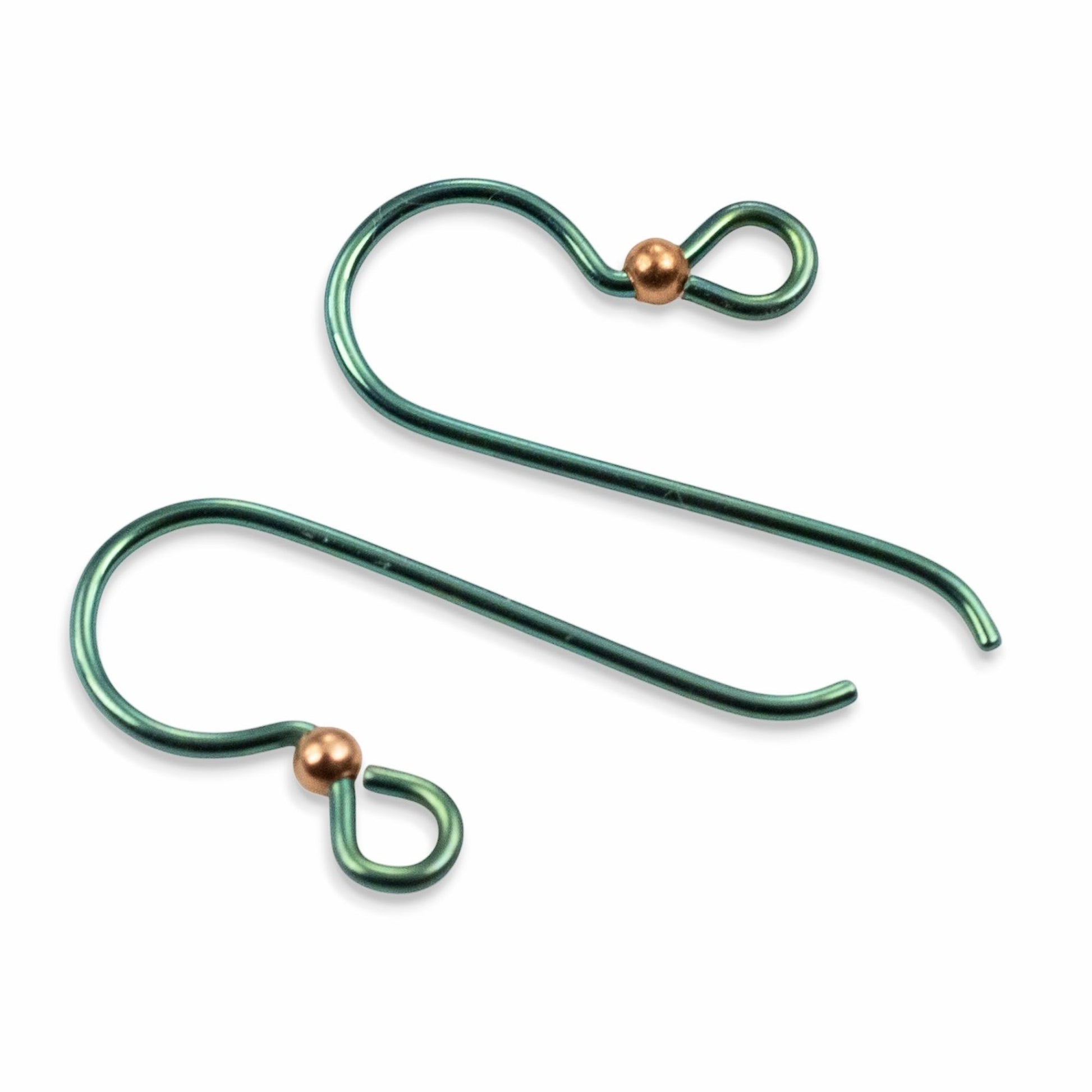 Hackberry Creek bright emerald green niobium ear wires with copper accent bead, hypoallergenic and nickel-free for sensitive ears.