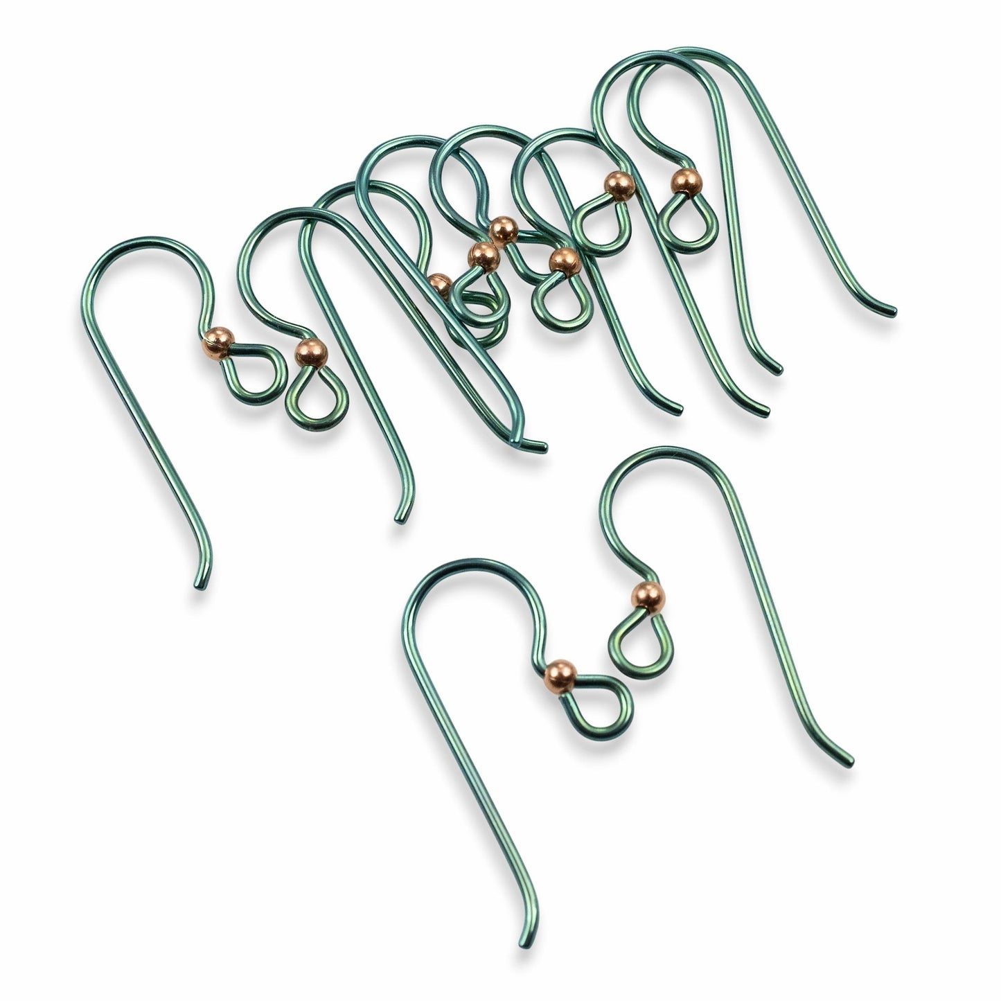 Hackberry Creek bright emerald green niobium ear wires with copper accent bead, hypoallergenic and nickel-free for sensitive ears.