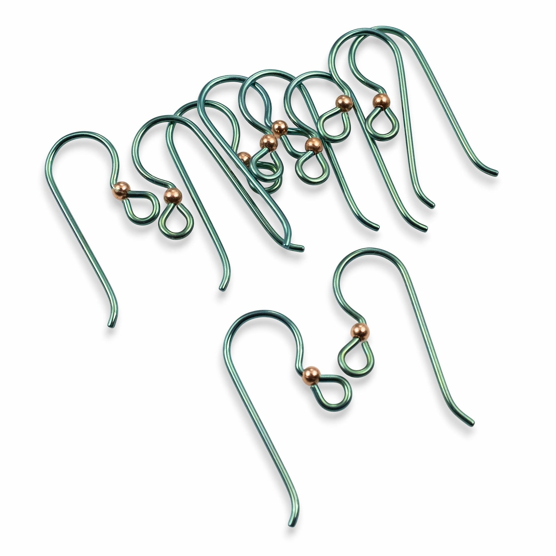 Hackberry Creek bright emerald green niobium ear wires with copper accent bead, hypoallergenic and nickel-free for sensitive ears.