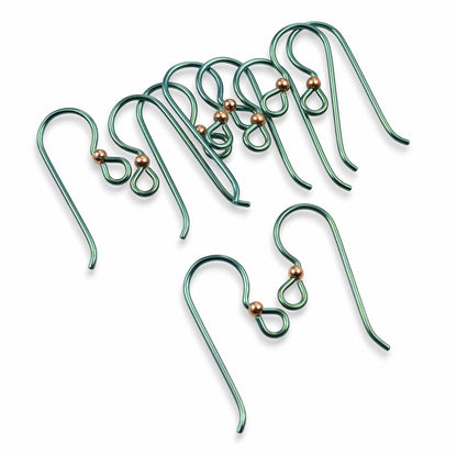 Hackberry Creek bright emerald green niobium ear wires with copper accent bead, hypoallergenic and nickel-free for sensitive ears.