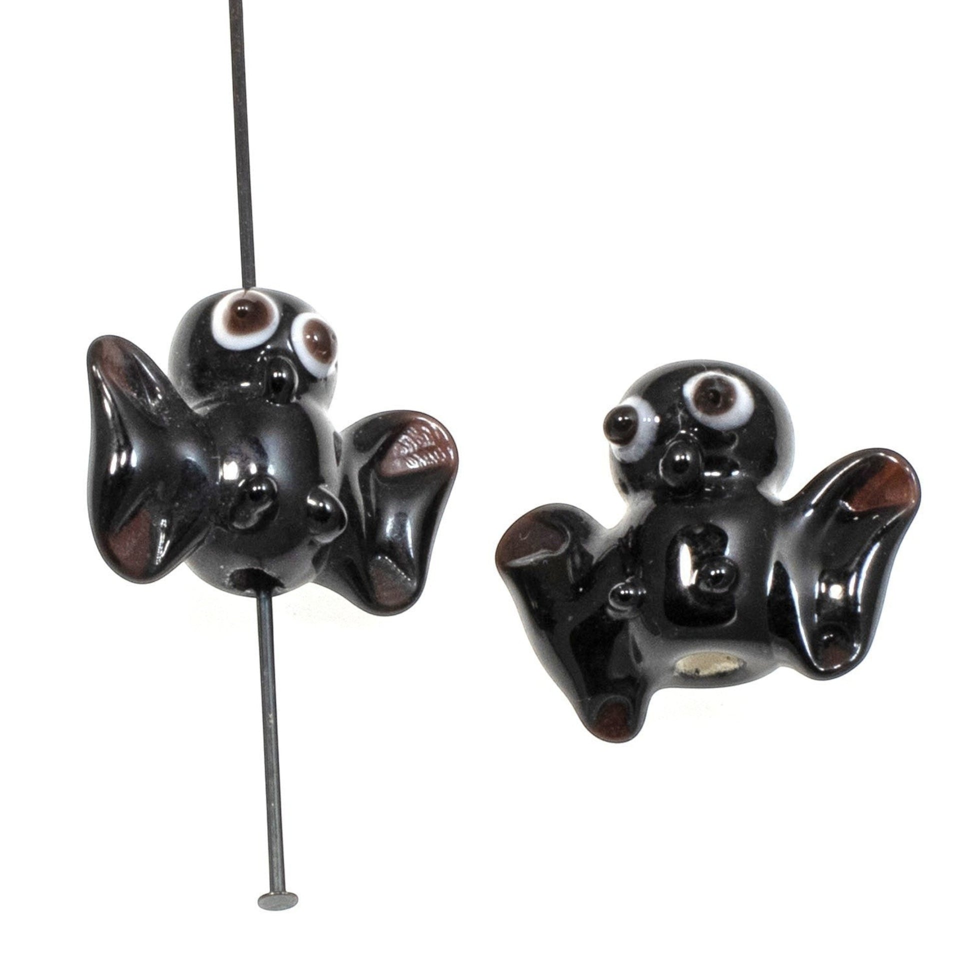 Hackberry Creek handmade black lampwork glass bat beads with detailed white and brown eyes for Halloween jewelry