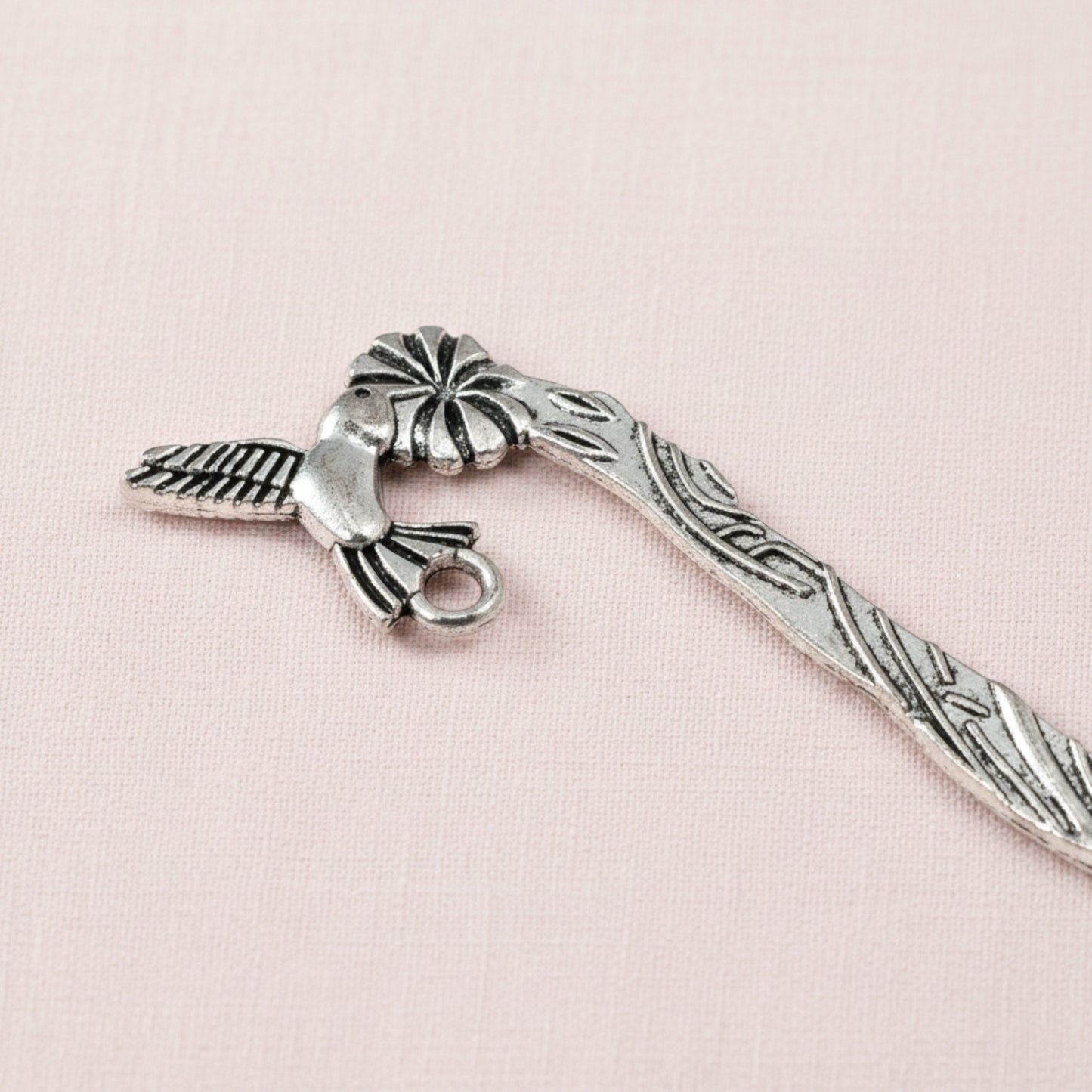 Hackberry Creek antique silver metal bookmark blank featuring a hummingbird and flower design with a charm loop