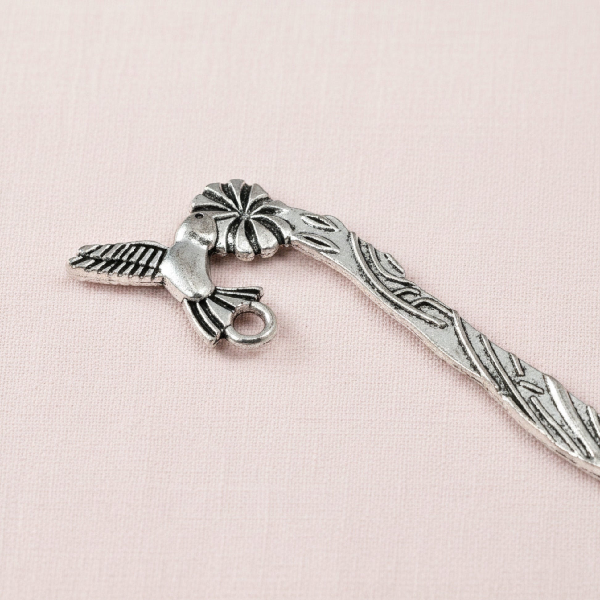 Hackberry Creek antique silver metal bookmark blank featuring a hummingbird and flower design with a charm loop