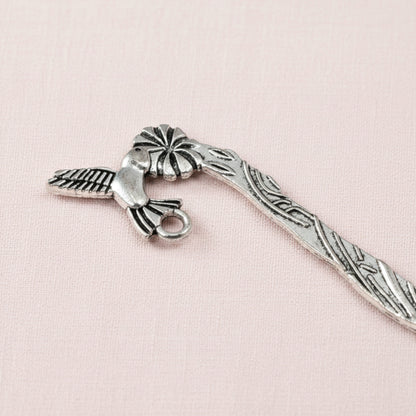 Hackberry Creek antique silver metal bookmark blank featuring a hummingbird and flower design with a charm loop