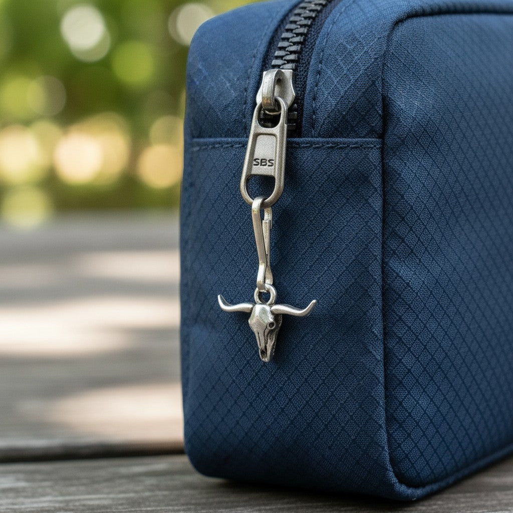 Hackberry Creek pewter longhorn steer skull zipper charm attached to a blue fabric bag