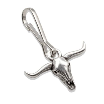 Hackberry Creek silver-plated pewter longhorn steer skull zipper charm with stainless steel spring clasp.