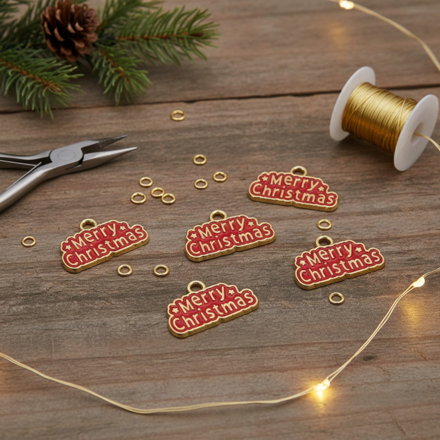 Hackberry Creek gold-plated metal charms with red Merry Christmas enamel lettering for DIY holiday jewelry making